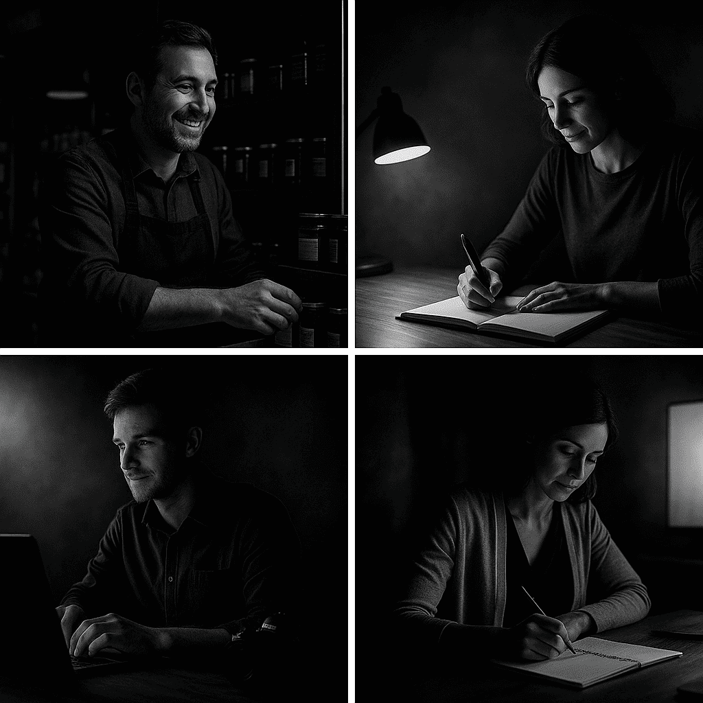 Mosaïque de photos de professionnels : artisans, commerçants, freelances et personnes en formation