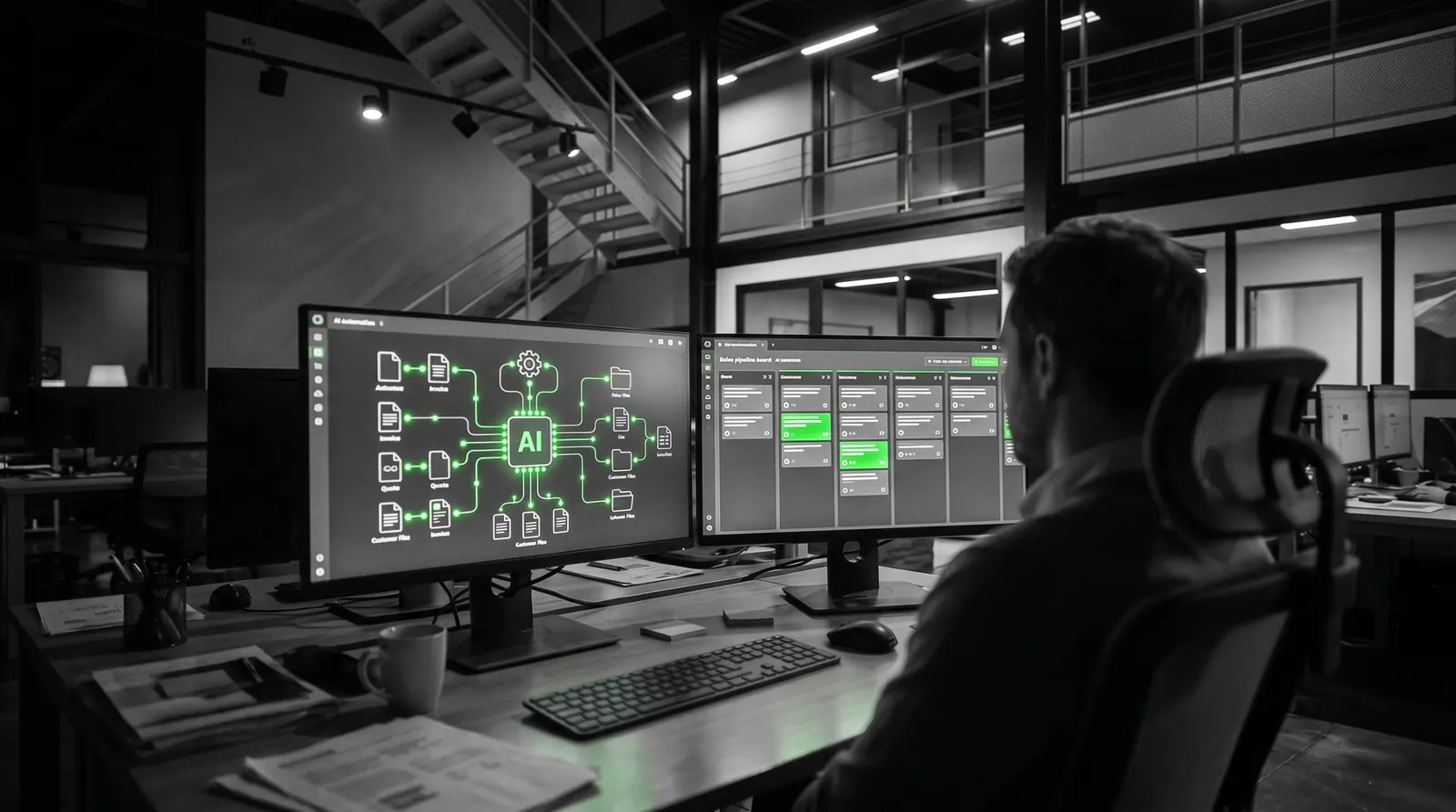 Écran d'automatisation reliant devis, factures et dossiers clients