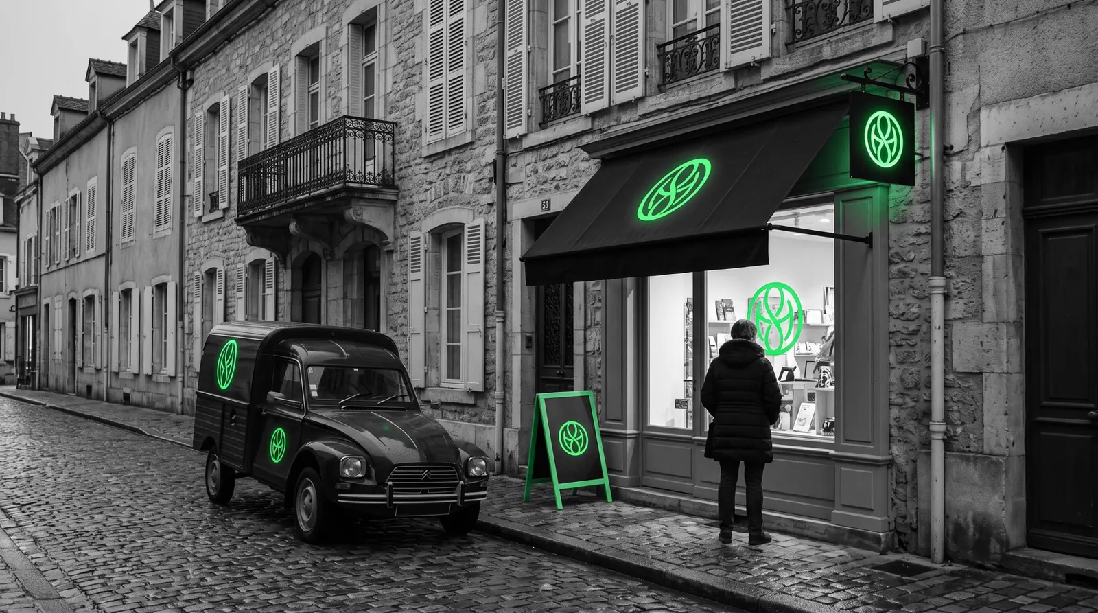Façade de commerce rénovée avec enseigne lumineuse dans une rue de Dijon