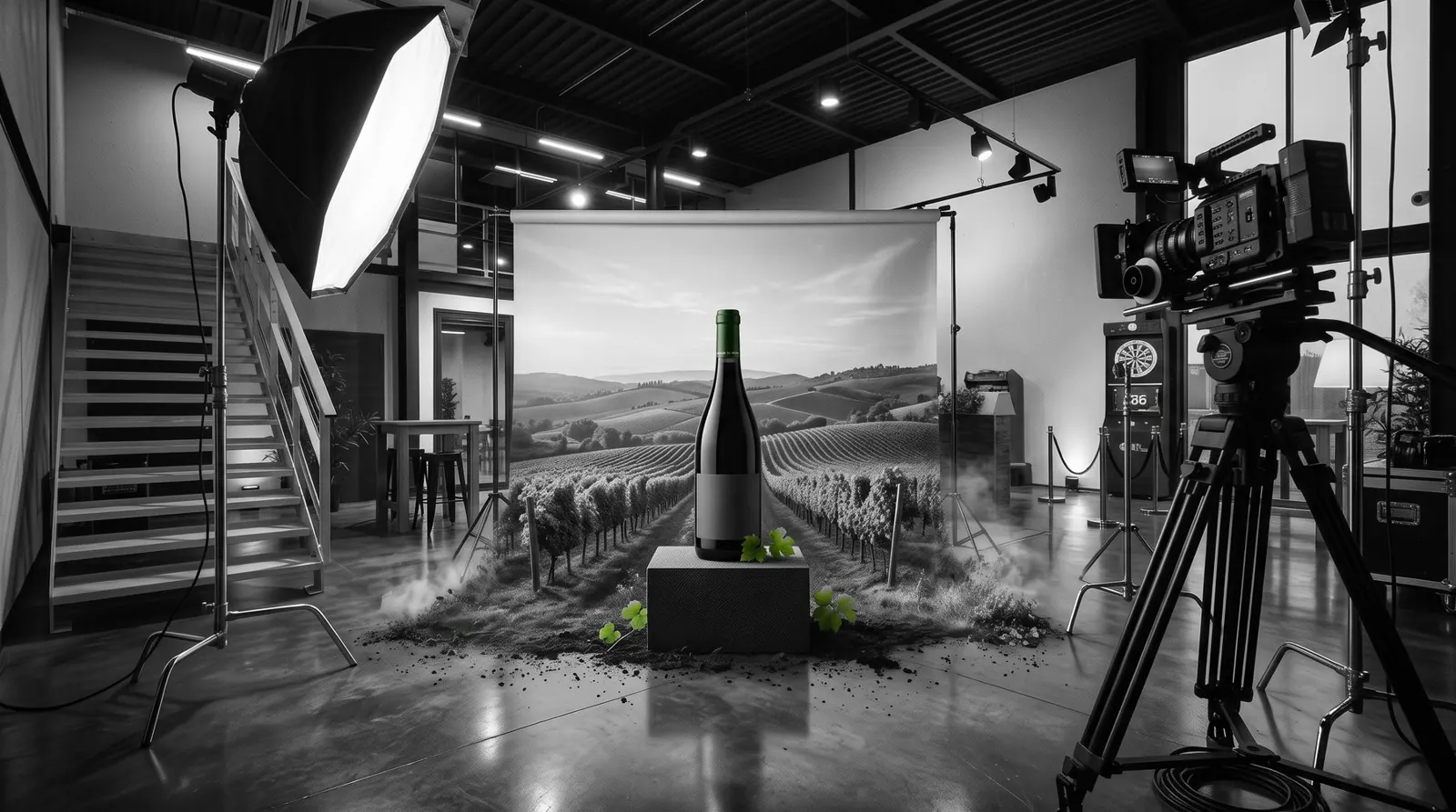 Mise en scène d'une bouteille de vin devant un décor de vignoble généré par l'IA