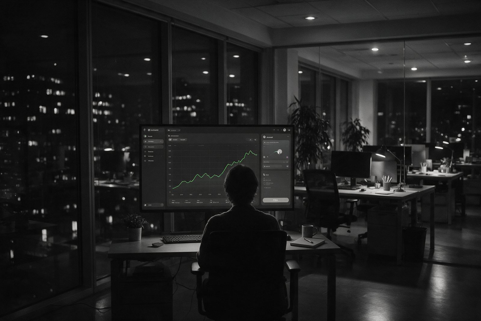 Écran de logiciel métier dans un bureau de nuit